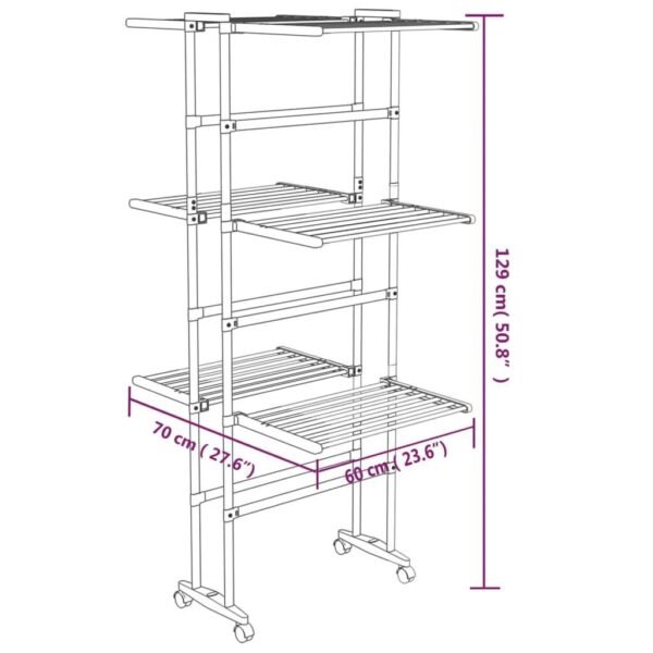 vidaXL Tendedero de 3 niveles con ruedas Plata 60x70x129 cm - Imagen 2