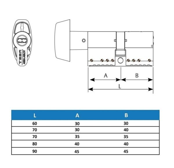 Tesa Assa Abloy TK1B3040N Cilindro de Alta Seguridad TK100 Doble Embrague Niquelado 30 x 40 mm Llave - Imagen 2