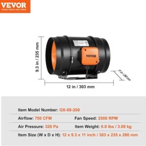 Ventilador de conducto - 304 x 235 x 190 mm - Vevor