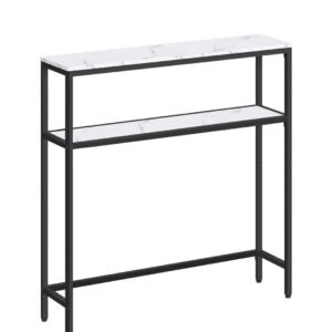 VASAGLE Mesa de Consola de 2 Niveles, Mesa Auxiliar con 2 Estantes, 20 x 80 x 80 cm, para Sala de Estar, Pasillo, Recibidor, Blanco Mármol y Negro Tinta LNT130W59
