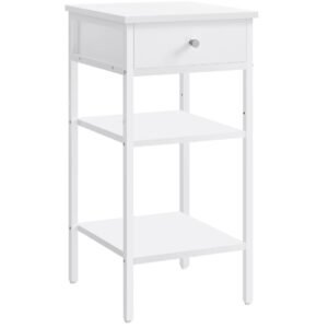 VASAGLE LET502B14 - Mesa Auxiliar con 1 cajón y 2 estantes de Almacenamiento, una estantería Ajustable, Patas Ajustables, Ahorro de Espacio, Color Blanco