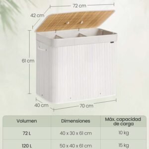 SONGMICS LBC013W01 Cesta para ropa sucia de 3 compartimentos
