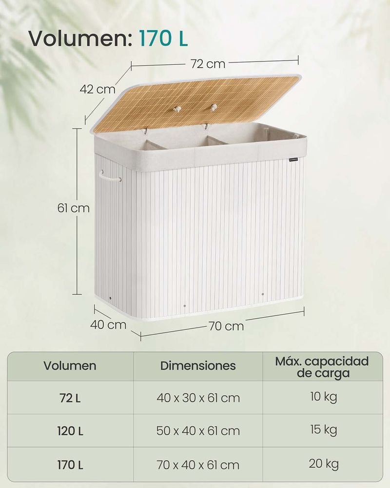 SONGMICS LBC013W01 Cesta para ropa sucia de 3 compartimentos