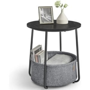 VASAGLE LET223B01 Mesa Auxiliar, Mesa Lateral Redonda con Cesta de Tela.