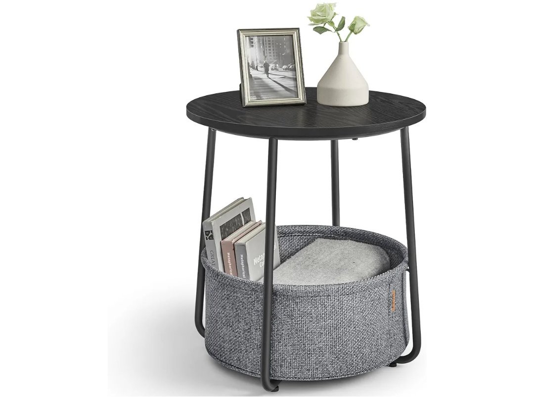 VASAGLE LET223B01 Mesa Auxiliar, Mesa Lateral Redonda con Cesta de Tela. - Imagen 2