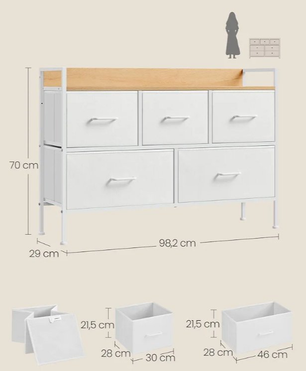 SONGMICS LTS135W01 Cómoda para Dormitorio, Cajonera con 5 Cajones