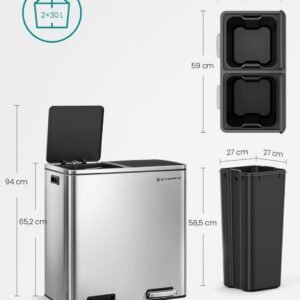 SONGMICS - LTB60NL Cubo de basura con doble compartimento de 2 x 30 L, con 15 bolsas de basura, pedal de metal, 2 cubos.