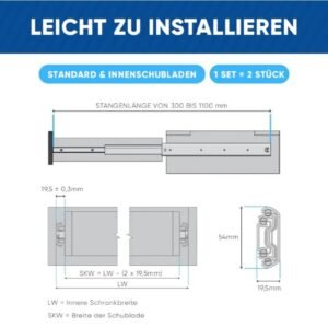 GTV - Set de Guias Correderas para Cajones de Extracción Total 53 x 1000 mm.