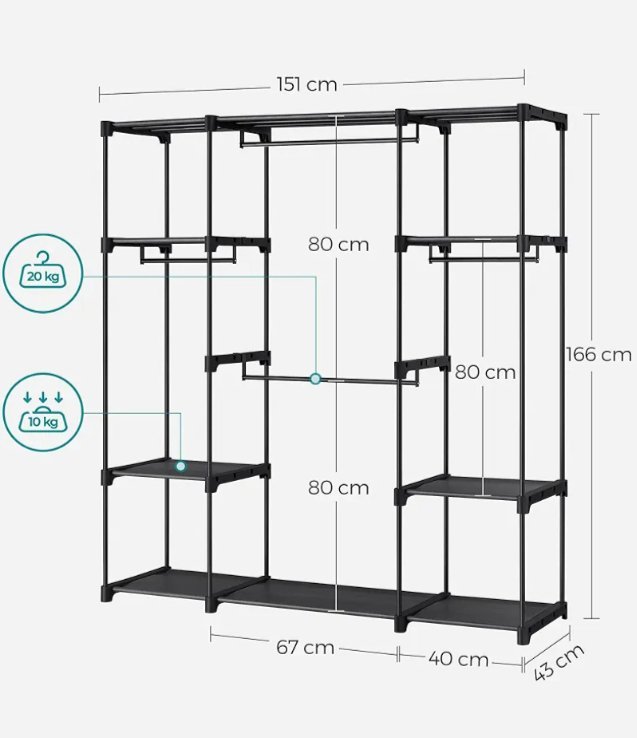 SONGMICS RYG036B02 Armario de Ropa, Perchero, Burro Ropa.