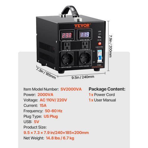 VEVOR Transformador Convertidor de Voltaje Sube/Baja 220-110V/110-220V Convertidor 2000VA.