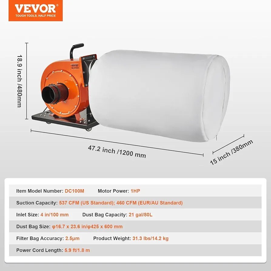 Colector de polvo - 1HP 460 CFM - VEVOR. - Imagen 2
