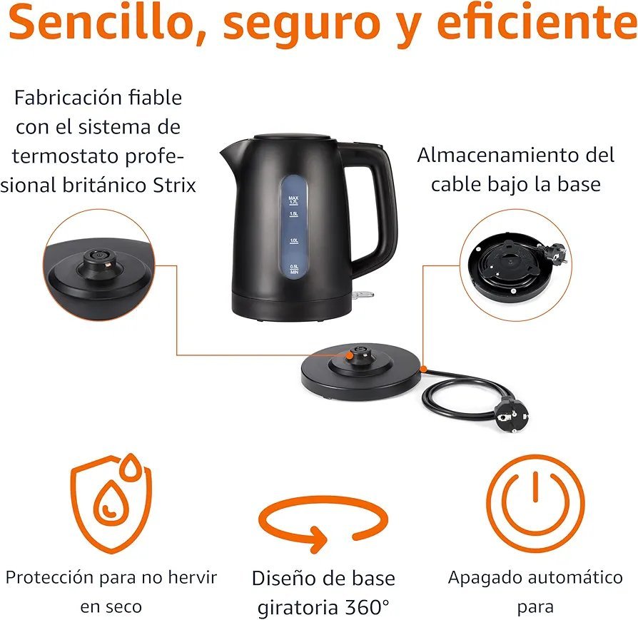 Amazon Basics Hervidor de Agua 1,7L 2200W, Negro Mate - Imagen 2